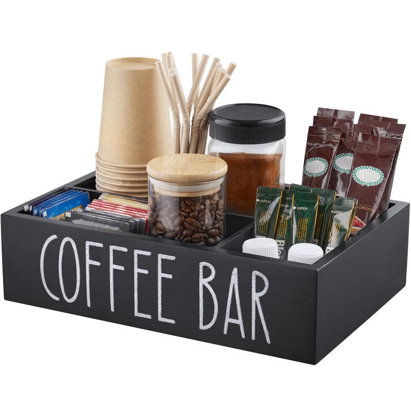 ALEION Coffee Station Organizer  Wood Countertop Accessories Organizer with Removable Dividers for Pods Condiment Syrup Tea Cups Stirrers  for Farmhouse Coffee Bar Decor
