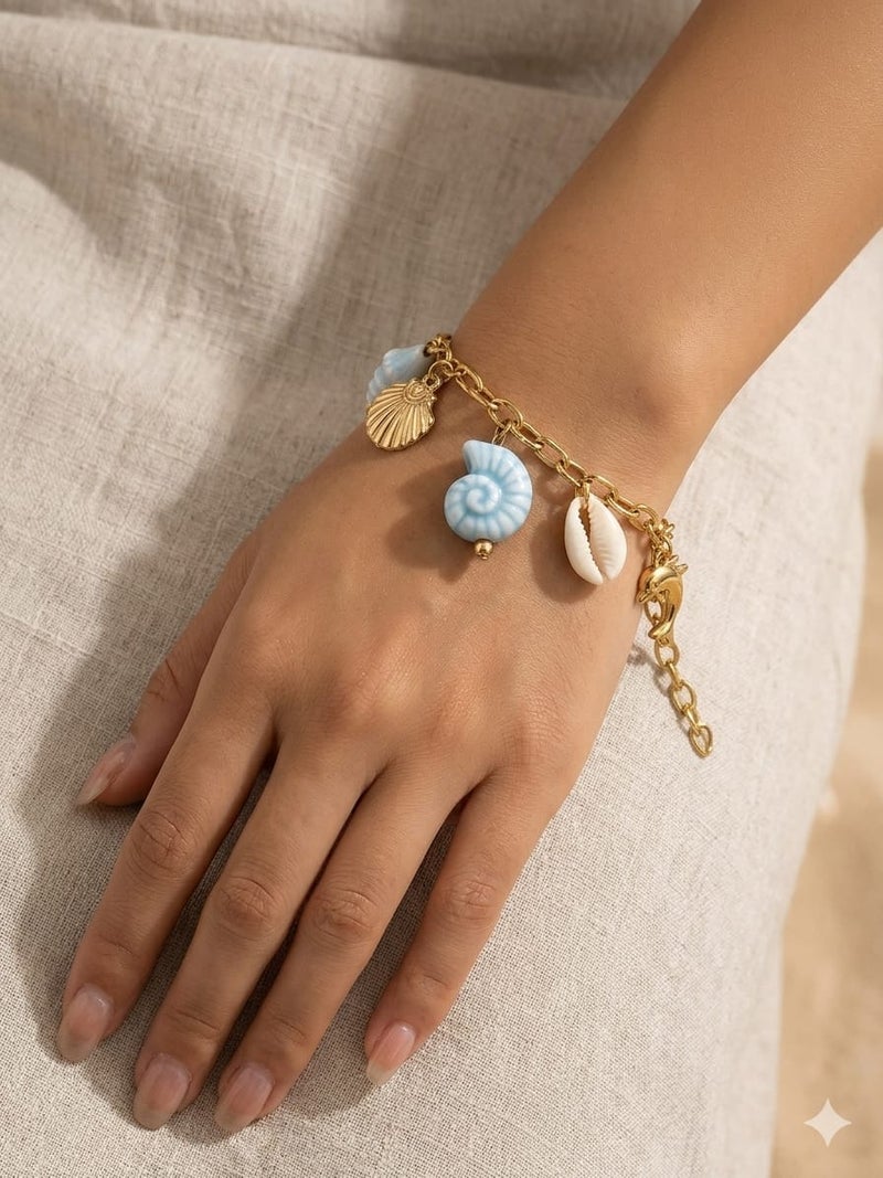 Classic Link Chain Charm Bracelet Adorned with Seashells & Ocean Charms - Trendy Adjustable Summer Wristband