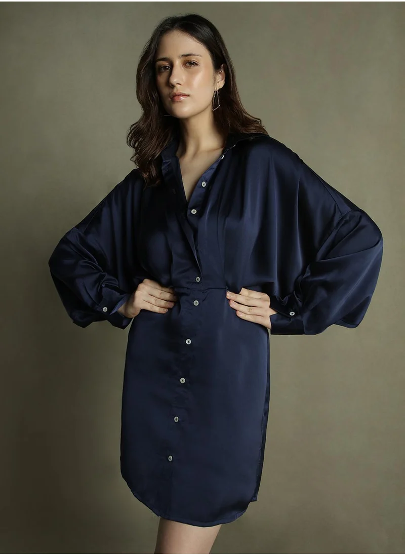 Dennis Lingo Women's Dark Blue Satin Crepe Solid Relaxed Fit Dress