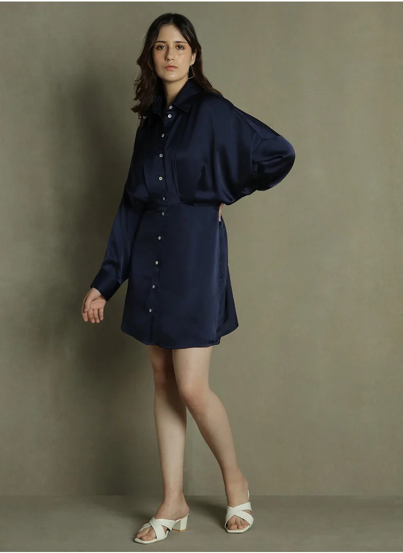 Dennis Lingo Women's Dark Blue Satin Crepe Solid Relaxed Fit Dress