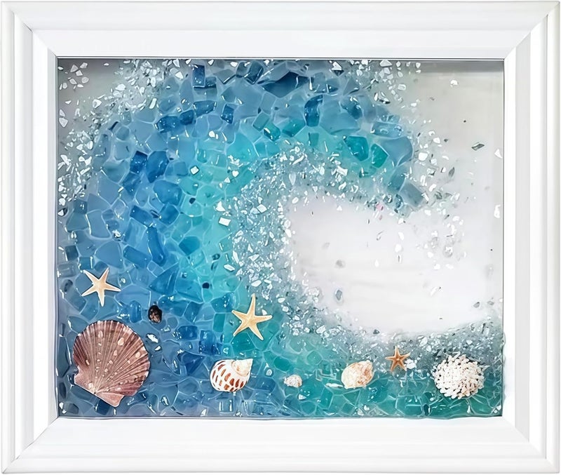 Glass Art Kit Wave DIY Photo Frame, Ocean Pattern Wave, Frame White with Shell and Decorations Starfish, 23 X 18 X 2 Cm Glass Transparent, Includes Glass Fragments Colorful for Art Collage Creative - Image 1