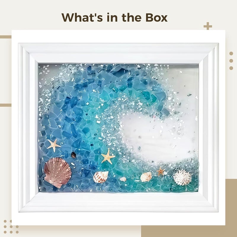 Glass Art Kit Wave DIY Photo Frame, Ocean Pattern Wave, Frame White with Shell and Decorations Starfish, 23 X 18 X 2 Cm Glass Transparent, Includes Glass Fragments Colorful for Art Collage Creative - Image 4