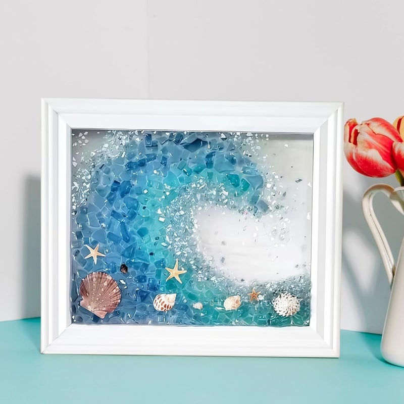 Glass Art Kit Wave DIY Photo Frame, Ocean Pattern Wave, Frame White with Shell and Decorations Starfish, 23 X 18 X 2 Cm Glass Transparent, Includes Glass Fragments Colorful for Art Collage Creative - Image 5
