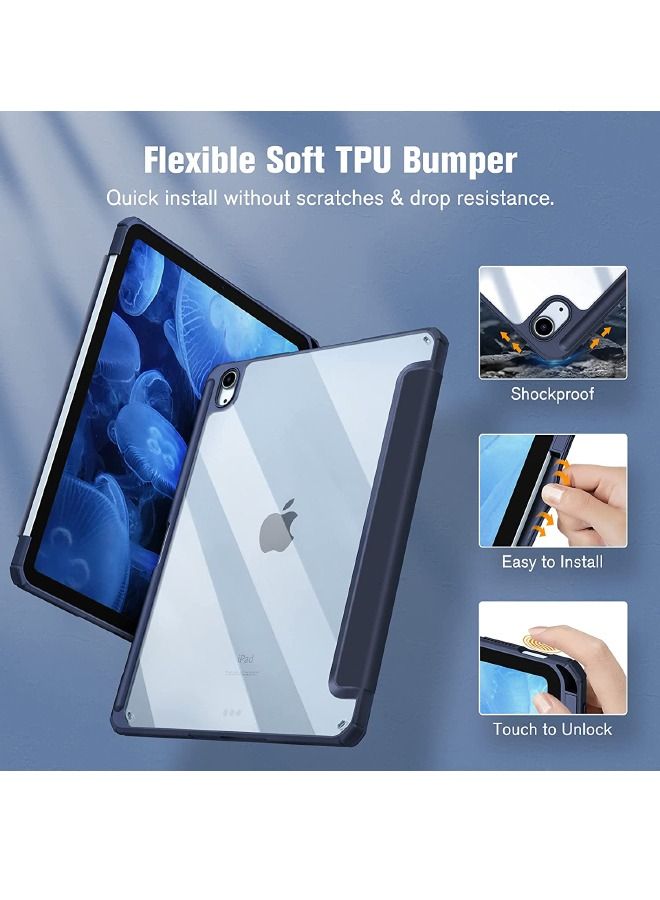 Hybrid Slim Case for iPad Air 7 (2025)/Air 6 (2024) 11inch, iPad Air 5 (2022)/Air 4 (2020) 10.9inch, with Trifold Stand Pencil Holder, Auto Wake Sleep, Smart Magnetic Cover Clear Acrylic Back Shockproof Case, Dark Blue  - Image 5