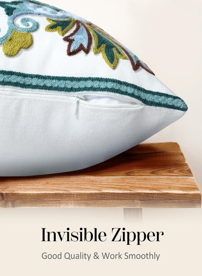Kokaaee Embroidered Throw Pillow Cover - 18x18 Outdoor Decorative Pillow Covers with Zipper for Couch Sofa Bedroom Aesthetic Boho Green Flowers Soft Cozy Cotton Pillowcase Covers with Patterned - Image 3
