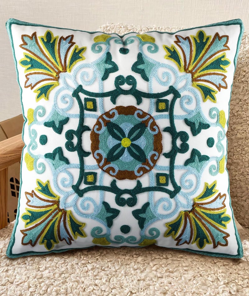 Kokaaee Embroidered Throw Pillow Cover - 18x18 Outdoor Decorative Pillow Covers with Zipper for Couch Sofa Bedroom Aesthetic Boho Green Flowers Soft Cozy Cotton Pillowcase Covers with Patterned - Image 1