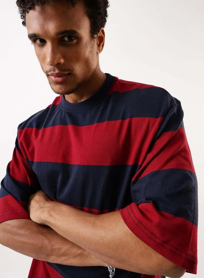 HIGH STAR Men's Multicolour Single Jersey Striped Oversized T-Shirt