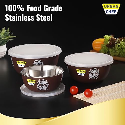 URBAN CHEF Mixing Bowl Set of 3 Stainless Steel (500ml, 800ml,1250ml) | Microwave Safe & Dishwasher Safe | Bowl Set with Lid for Gift | Bowls for Snacks | Serving Bowls Kitchen Accessories -Brown - Image 4