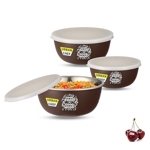 URBAN CHEF Mixing Bowl Set of 3 Stainless Steel (500ml, 800ml,1250ml) | Microwave Safe & Dishwasher Safe | Bowl Set with Lid for Gift | Bowls for Snacks | Serving Bowls Kitchen Accessories -Brown - Image 1
