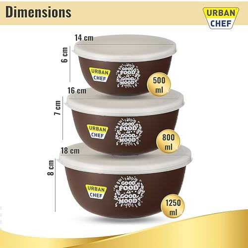 URBAN CHEF Mixing Bowl Set of 3 Stainless Steel (500ml, 800ml,1250ml) | Microwave Safe & Dishwasher Safe | Bowl Set with Lid for Gift | Bowls for Snacks | Serving Bowls Kitchen Accessories -Brown - Image 2