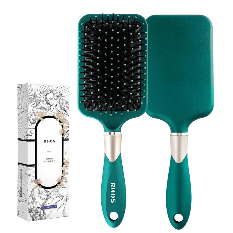 RHOS Hair Brush for Women and Men - Detangler Hair Brush with Nylon Bristles for Thick, Curly, Thin, Long, Wet & Dry Hair - Cushion Square Hair Brush for Detangling and Smoothing - 1 Pack - Green