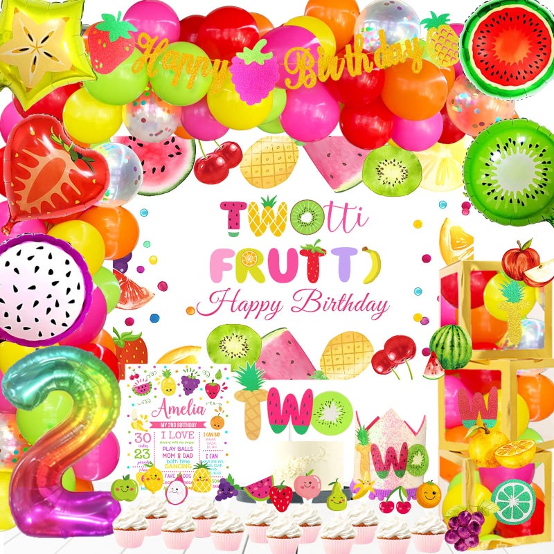 Fiesec Twotti Fruity Birthday Decorations Fruit Themed 2nd Tutti Frutti Party Decorations Backdrop Balloon Garland Glitter Banner Cake Cupcake Topper Box Cutout Crown Poster Summer Luau 155 PCs - Image 2