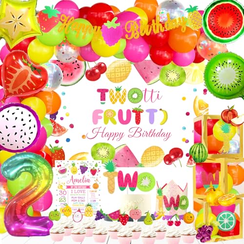 Fiesec Twotti Fruity Birthday Decorations Fruit Themed 2nd Tutti Frutti Party Decorations Backdrop Balloon Garland Glitter Banner Cake Cupcake Topper Box Cutout Crown Poster Summer Luau 155 PCs - Image 1