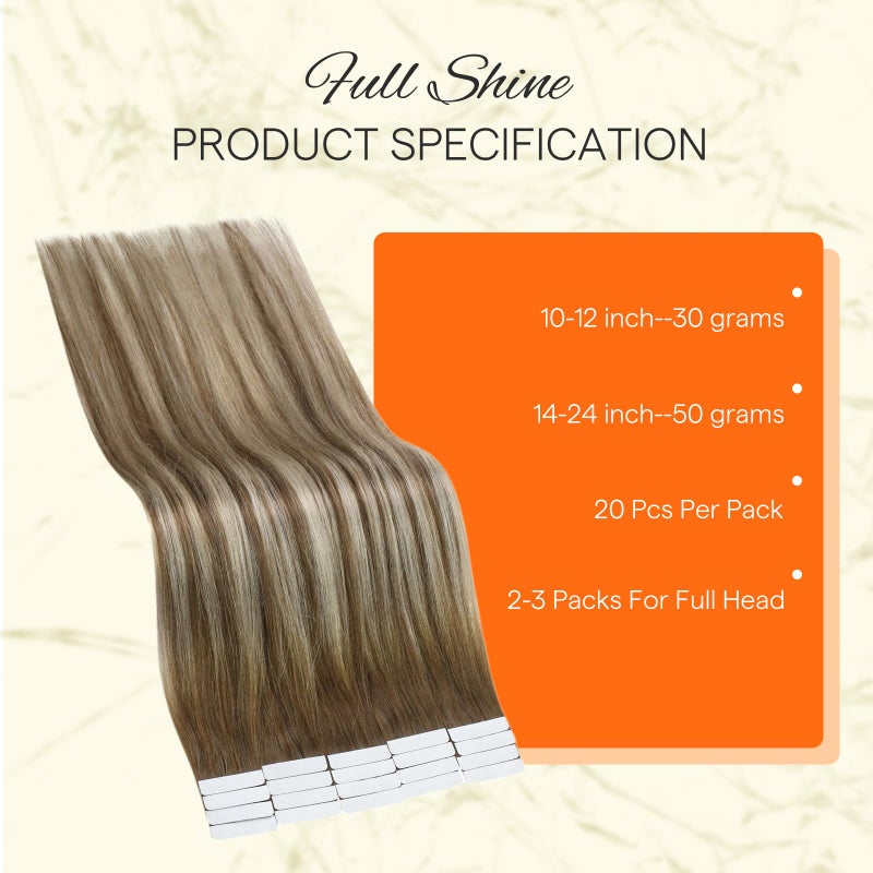 Fshine Full Shine Tape In Hair Extensions Real Human Hair Double Sided 12 Inch Short Tape Ins Color 6 Chestnut Brown to 60 Platonum Blonde Ombre Balayage Tape in Extensions 20 Pcs 50g Straight Hair for Women - Image 3