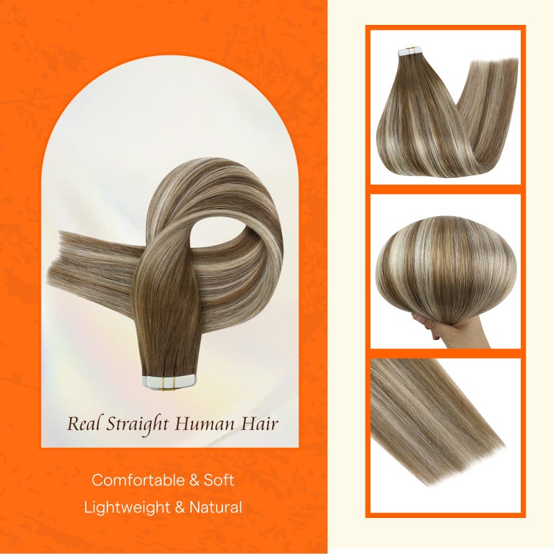 Fshine Full Shine Tape In Hair Extensions Real Human Hair Double Sided 12 Inch Short Tape Ins Color 6 Chestnut Brown to 60 Platonum Blonde Ombre Balayage Tape in Extensions 20 Pcs 50g Straight Hair for Women - Image 2