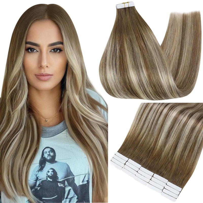Fshine Full Shine Tape In Hair Extensions Real Human Hair Double Sided 12 Inch Short Tape Ins Color 6 Chestnut Brown to 60 Platonum Blonde Ombre Balayage Tape in Extensions 20 Pcs 50g Straight Hair for Women - Image 1
