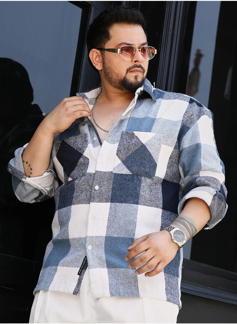 انستافاب بلس Instafab Plus Men's Blue & White Buffalo-Check Utility Shacket For Casual Wear | Spread Collar | Long Sleeves | Button Closure | Plus Size Overshirt/Shacket Crafted With Comfort Fit For Everyday Wear