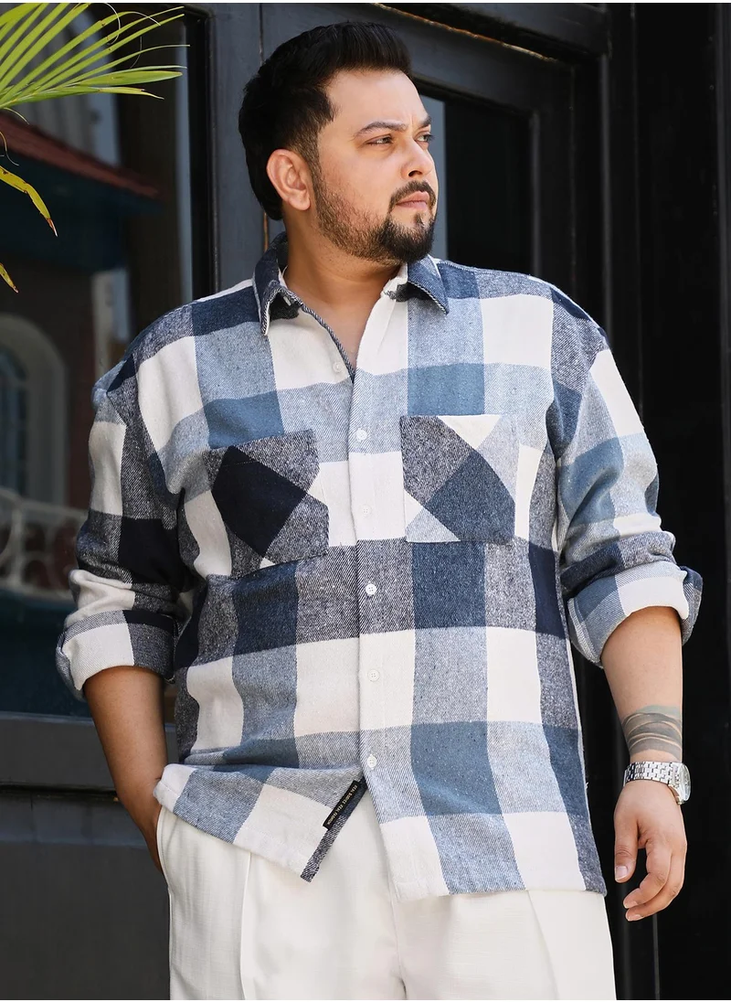 انستافاب بلس Instafab Plus Men's Blue & White Buffalo-Check Utility Shacket For Casual Wear | Spread Collar | Long Sleeves | Button Closure | Plus Size Overshirt/Shacket Crafted With Comfort Fit For Everyday Wear