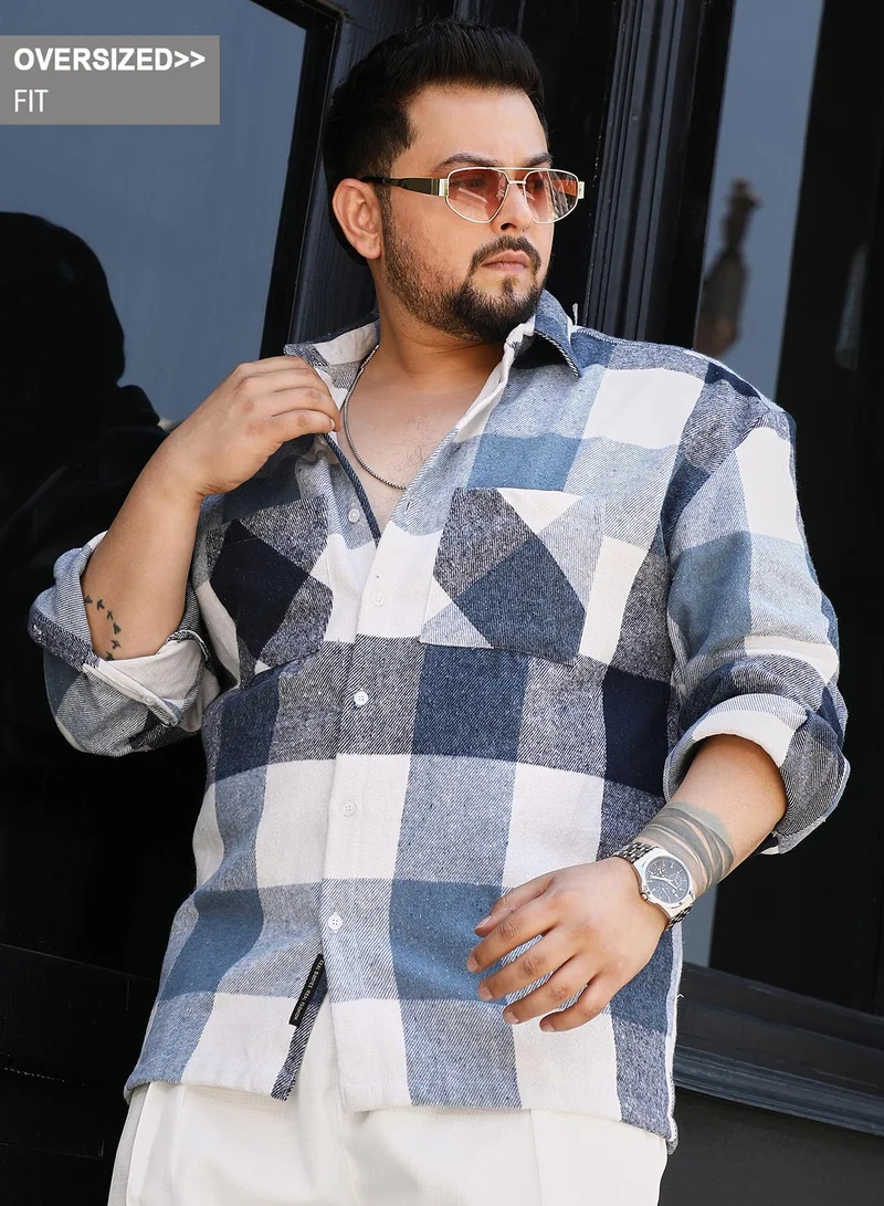 Instafab Plus Instafab Plus Men's Blue & White Buffalo-Check Utility Shacket For Casual Wear | Spread Collar | Long Sleeves | Button Closure | Plus Size Overshirt/Shacket Crafted With Comfort Fit For Everyday Wear