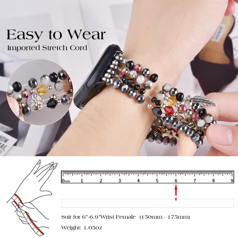 MOFREE Beaded Bracelet Compatible with Apple Watch Band 38mm/40mm/41mm/42mm, Fashion Elastic Stretch Women Bands for iWatch Series 11/10/9/8/7/SE/6/5/4/3/2/1 iPhone Watch Strap Bands (Black/Gray) - Image 3