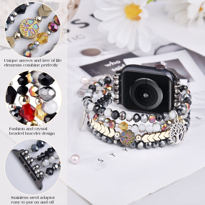 MOFREE Beaded Bracelet Compatible with Apple Watch Band 38mm/40mm/41mm/42mm, Fashion Elastic Stretch Women Bands for iWatch Series 11/10/9/8/7/SE/6/5/4/3/2/1 iPhone Watch Strap Bands (Black/Gray) - Image 2