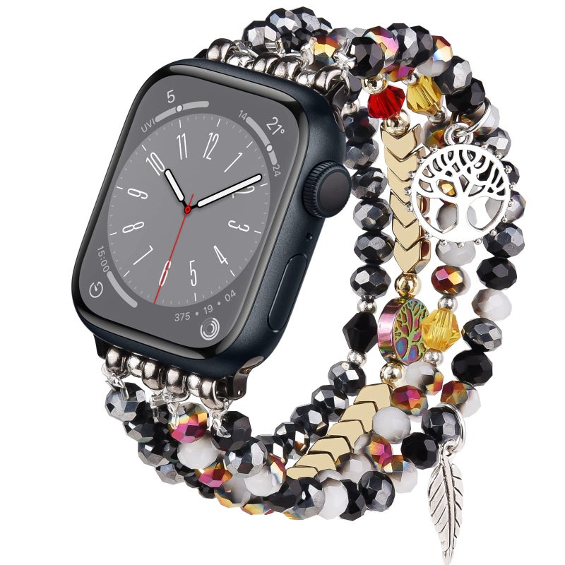 MOFREE Beaded Bracelet Compatible with Apple Watch Band 38mm/40mm/41mm/42mm, Fashion Elastic Stretch Women Bands for iWatch Series 11/10/9/8/7/SE/6/5/4/3/2/1 iPhone Watch Strap Bands (Black/Gray) - Image 1