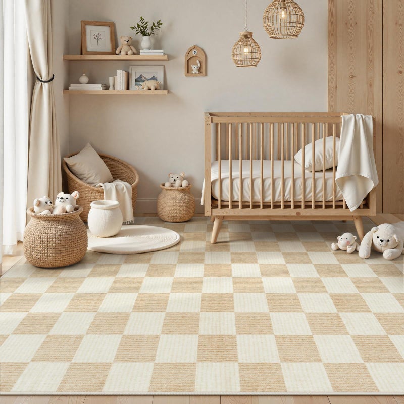 LIVEBOX 8x10 Area Rugs for Living Room, Checkered Non-Slip Washable Rugs, Farmhouse Neutral Classic Geometric Pattern Large Boys Area Rug for Bedroom, Carpet for Dining Room Office(Ivory,8'x10') - Image 4