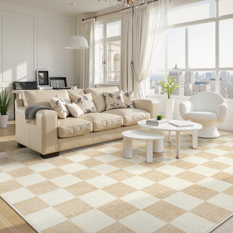 LIVEBOX 8x10 Area Rugs for Living Room, Checkered Non-Slip Washable Rugs, Farmhouse Neutral Classic Geometric Pattern Large Boys Area Rug for Bedroom, Carpet for Dining Room Office(Ivory,8'x10') - Image 3