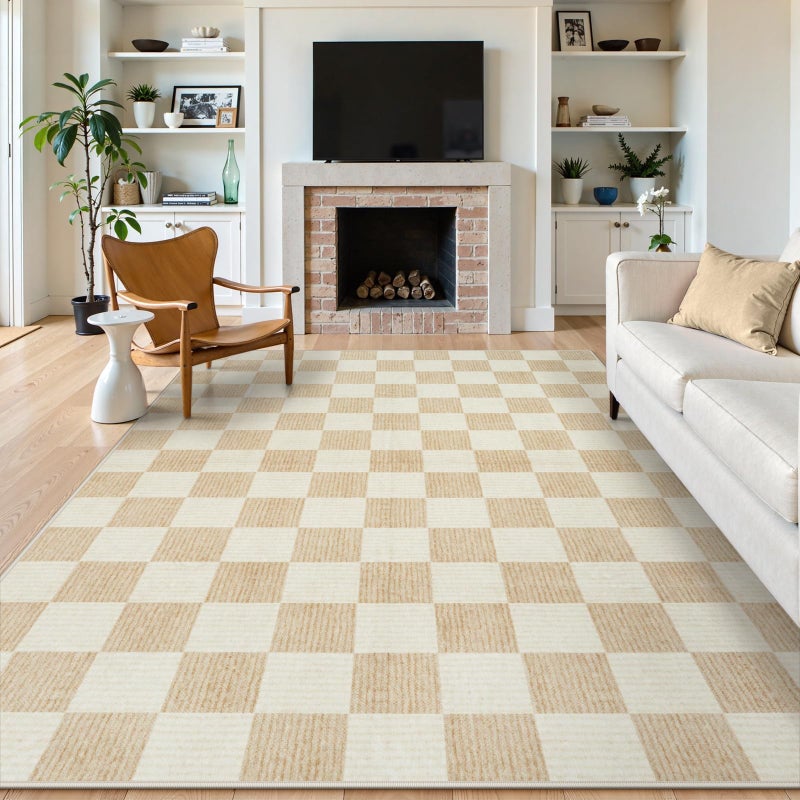 LIVEBOX 8x10 Area Rugs for Living Room, Checkered Non-Slip Washable Rugs, Farmhouse Neutral Classic Geometric Pattern Large Boys Area Rug for Bedroom, Carpet for Dining Room Office(Ivory,8'x10') - Image 1