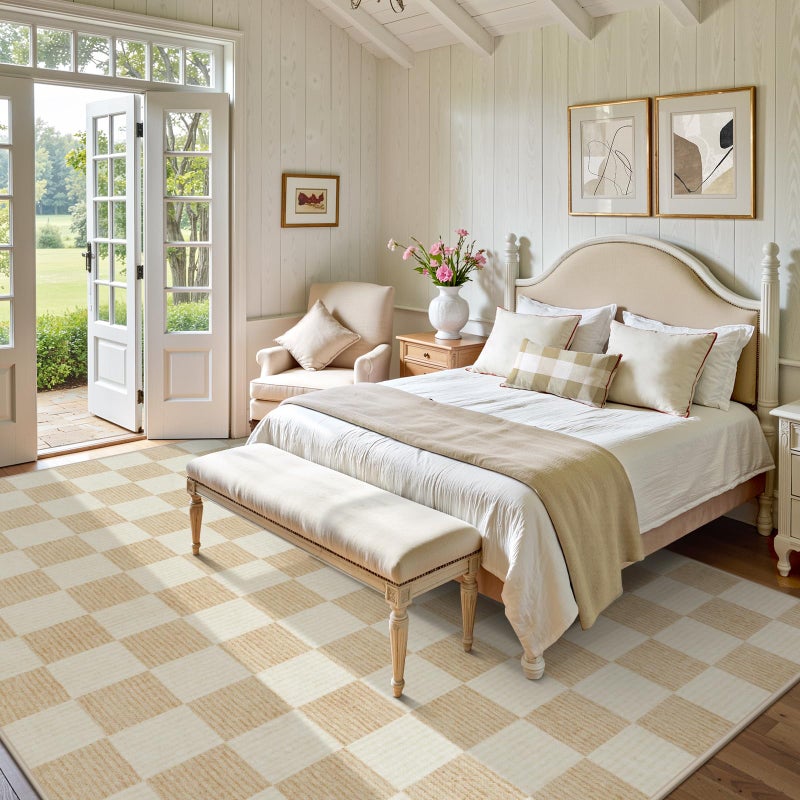 LIVEBOX 8x10 Area Rugs for Living Room, Checkered Non-Slip Washable Rugs, Farmhouse Neutral Classic Geometric Pattern Large Boys Area Rug for Bedroom, Carpet for Dining Room Office(Ivory,8'x10') - Image 2