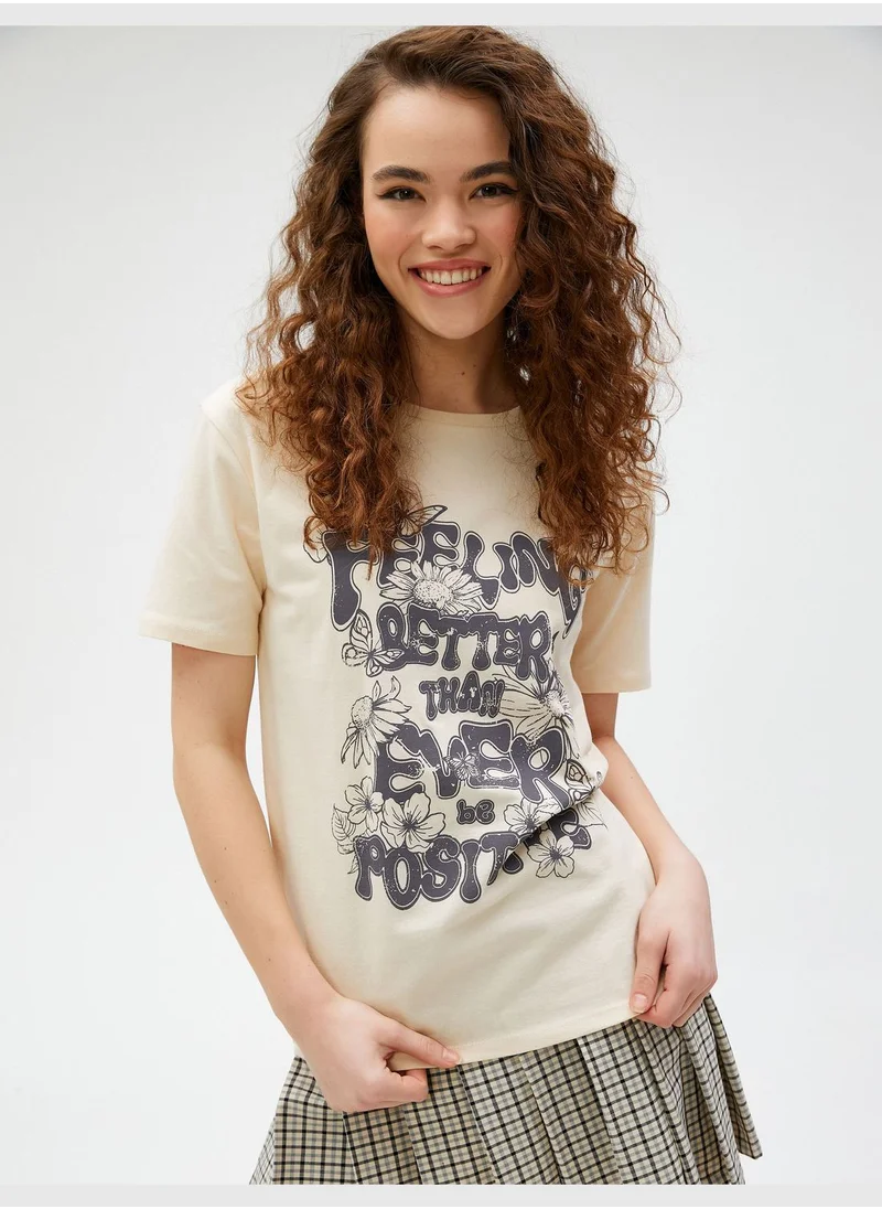 KOTON Cotton Crew Neck Short Sleeve Printed T-Shirt