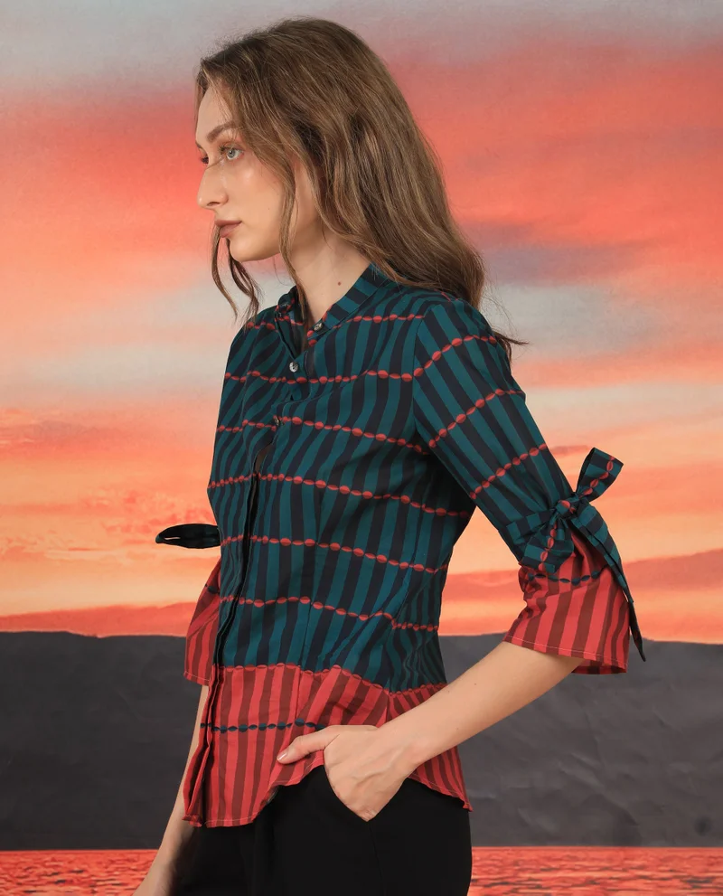 Rareism Women's Geometric Print Contemporary Shirt With Band Collar