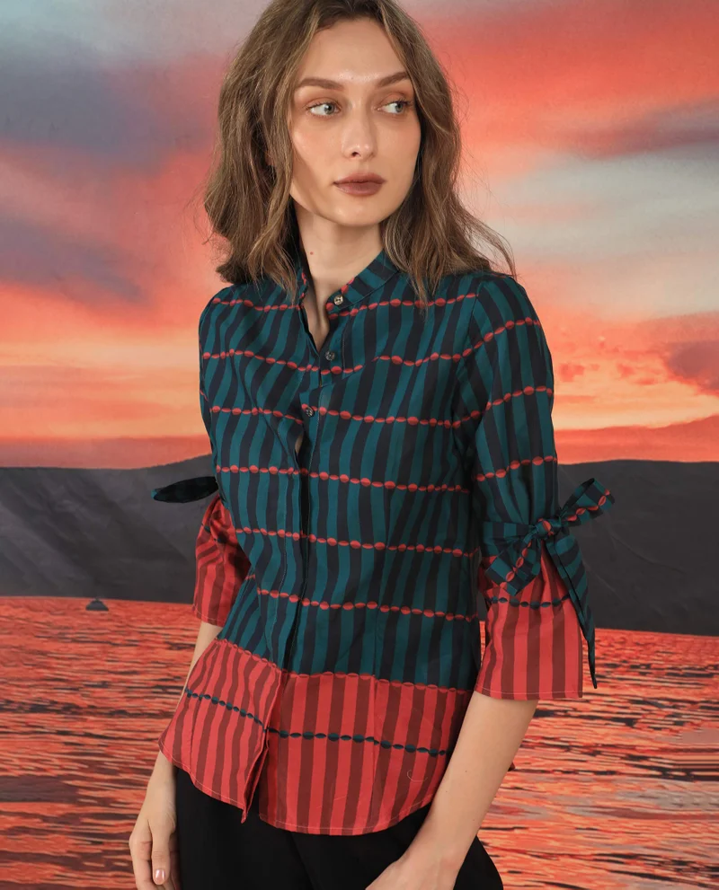 Rareism Women's Geometric Print Contemporary Shirt With Band Collar
