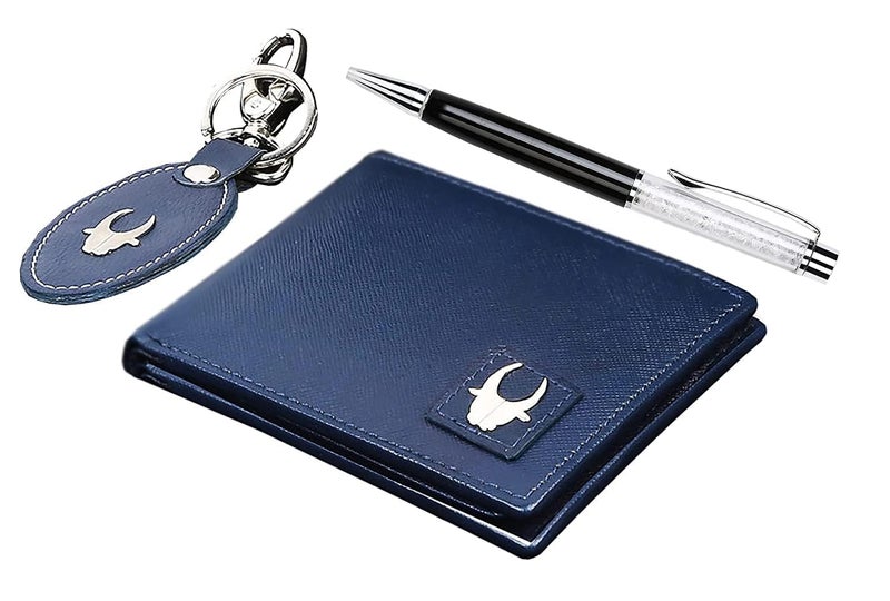 WildHorn Leather Wallet, Keychain & Pen Combo for Men (Royal Blue) - Image 2