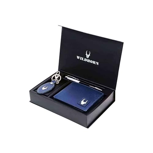 WildHorn Leather Wallet, Keychain & Pen Combo for Men (Royal Blue) - Image 1