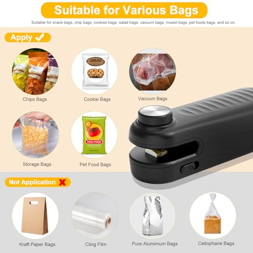 Aedicce 2 in 1 Mini Bag Sealer, Bag Sealer Heat Seal with Cutter, USB C Rechargeable Chip Bag Sealer Heat Seal, Portable Bag Resealer for Plastic Bags Snacks & Food Storage,Bright Black - Image 5