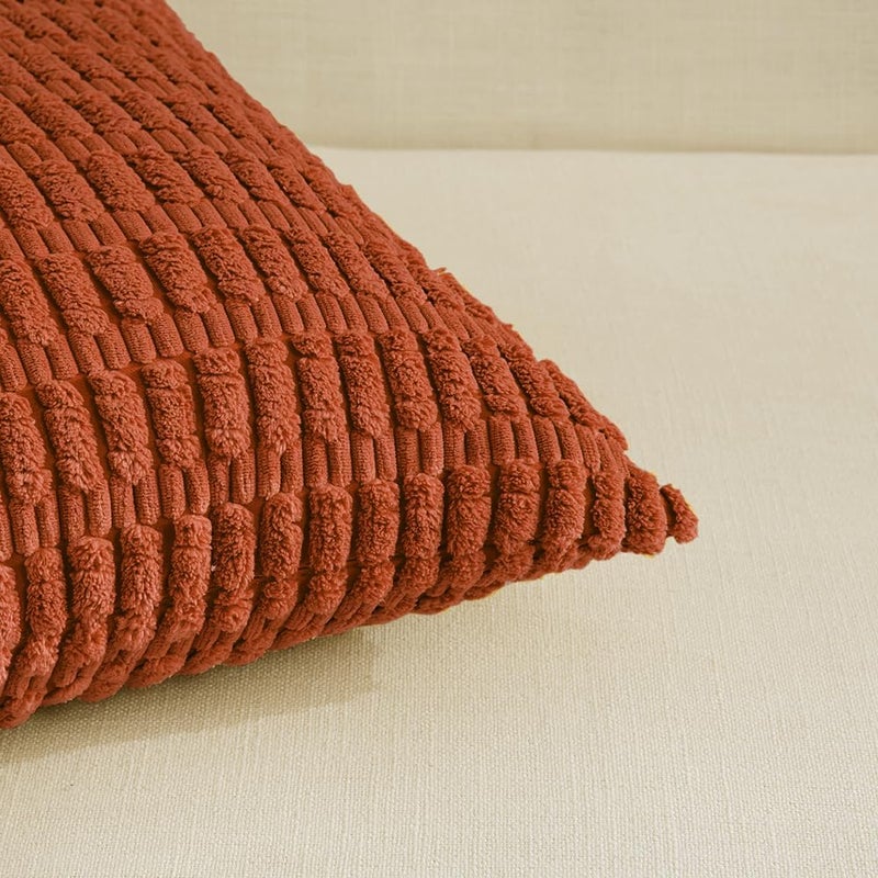 Fancy Homi 2 Packs Burnt Orange Decorative Throw Pillow Covers 20x20 Inch for Living Room Couch Bed Sofa, Fall Farmhouse Boho Home Decor, Soft Striped Corduroy Square Cushion Case 50x50 cm - Image 4