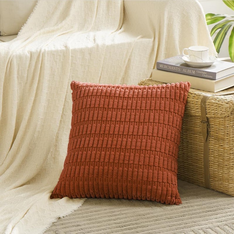 Fancy Homi 2 Packs Burnt Orange Decorative Throw Pillow Covers 20x20 Inch for Living Room Couch Bed Sofa, Fall Farmhouse Boho Home Decor, Soft Striped Corduroy Square Cushion Case 50x50 cm - Image 2