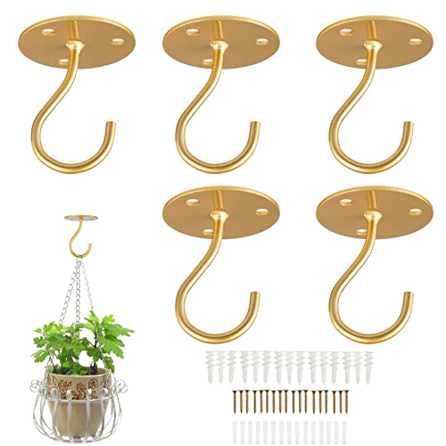 LangPu Ceiling Hooks for Hanging Plants-Metal Heavy Duty Wall Mounted Hangers for Hanging Bird Feeders, Planters, Wind Chimes, Include Professional Drywall Anchors (5 Pack) (Bright Gold) - Image 1
