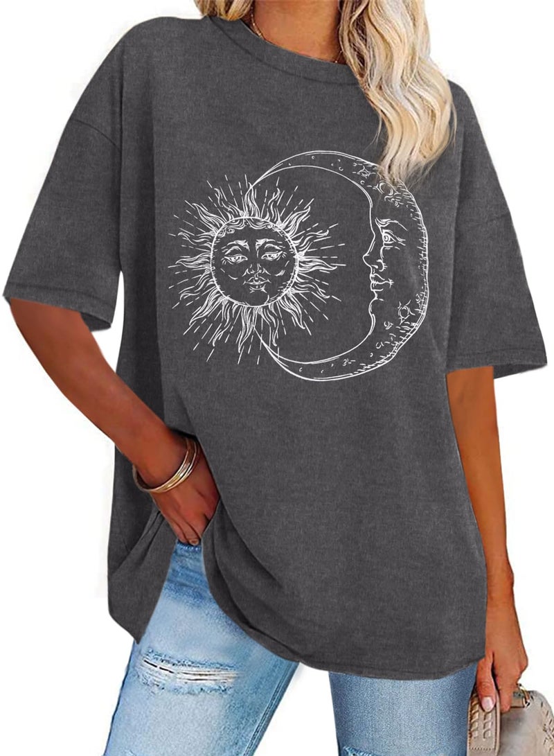 rosemia Oversized Tshirts for Women Short Sleeve Summer Graphic Casual Basic Tee Tops (Grey Black Sun Moon, XL) - Image 1