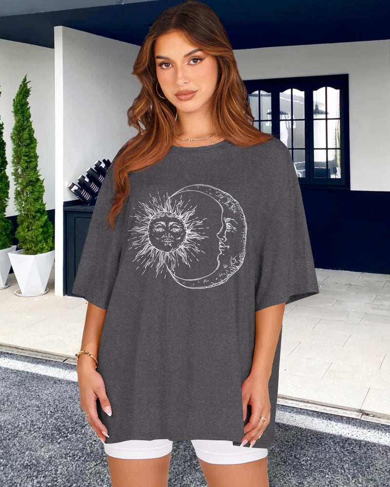 rosemia Oversized Tshirts for Women Short Sleeve Summer Graphic Casual Basic Tee Tops (Grey Black Sun Moon, XL) - Image 2