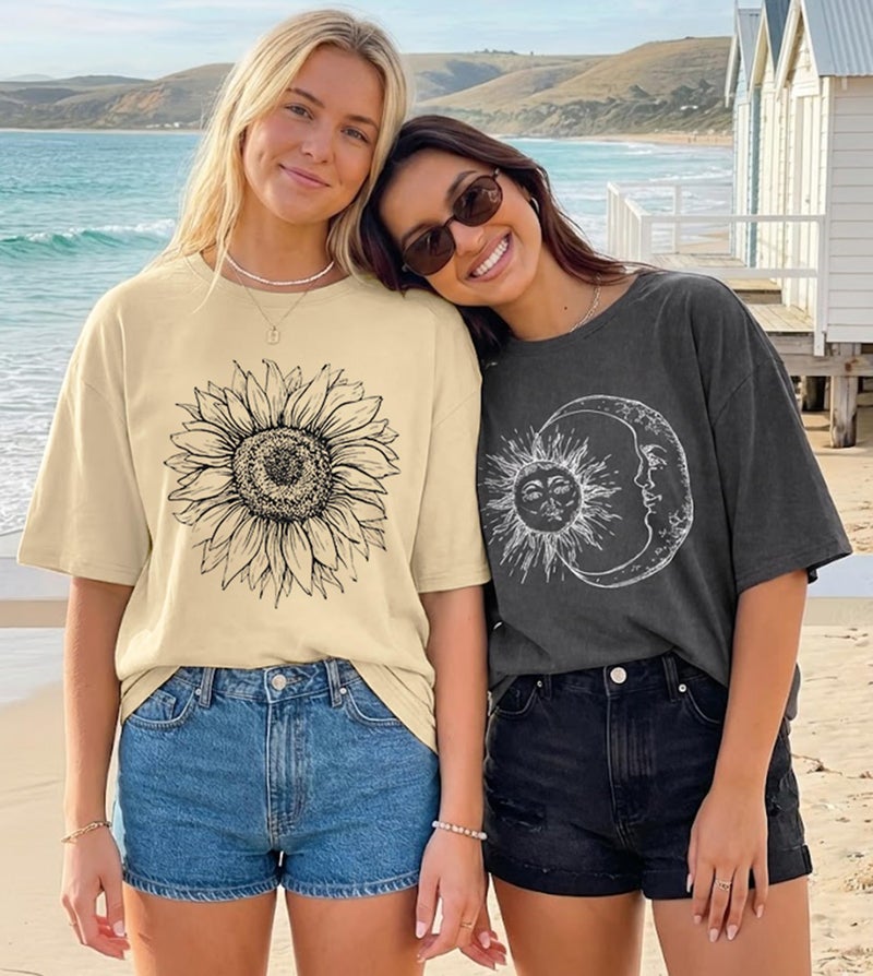rosemia Oversized Tshirts for Women Short Sleeve Summer Graphic Casual Basic Tee Tops (Grey Black Sun Moon, XL) - Image 3