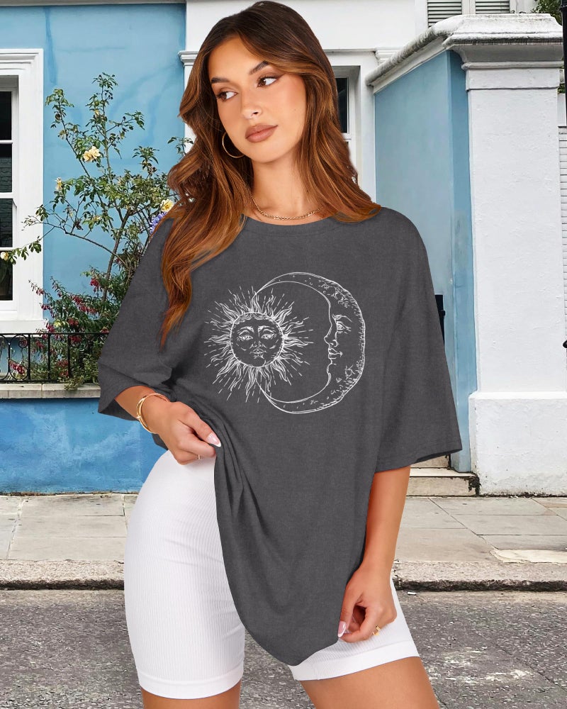 rosemia Oversized Tshirts for Women Short Sleeve Summer Graphic Casual Basic Tee Tops (Grey Black Sun Moon, XL) - Image 5