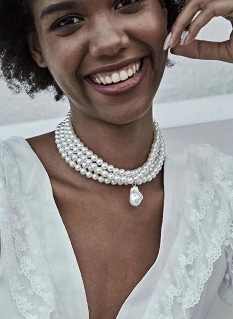 18K Gold Plated Multi Layer Pearl Necklace, Simple Design, Suitable For Daily Wear, Korean Style, White  - Image 2