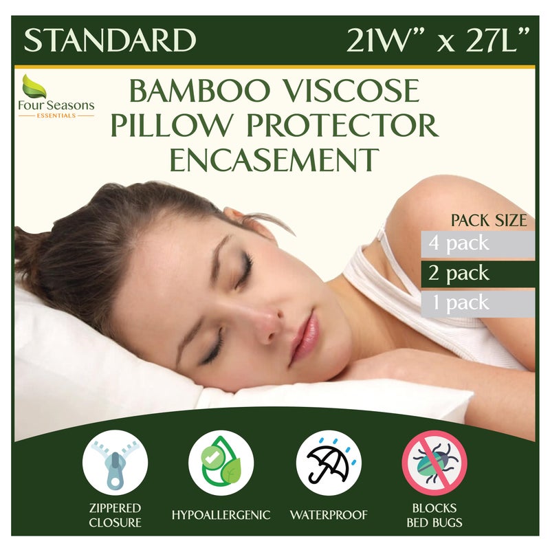 Four Seasons Essentials Standard Size Waterproof Pillow Protectors Set of 2  Natural Viscose derived from Bamboo Pillow Covers  Zippered Encasements for 20 x 26 Pillows
