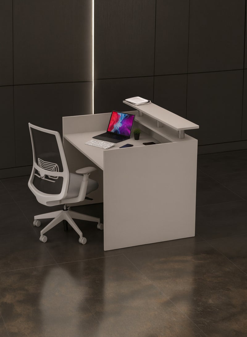 Karnak Modern Reception Desk Counter – Minimalist Beige Front Desk with Raised Shelf, Durable Finish & Spacious Workstation for Offices, Clinics, Hotels, Salons & Showrooms (Light Concrete) - Image 4