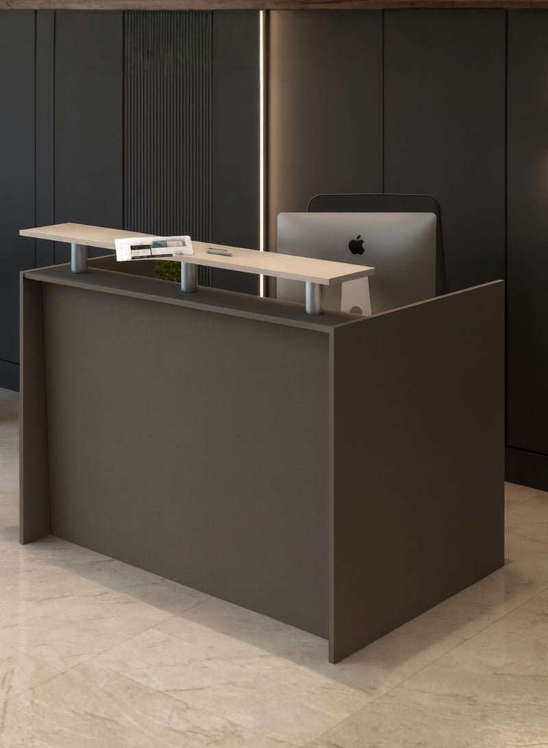 Karnak Modern Reception Desk Counter – Minimalist Beige Front Desk with Raised Shelf, Durable Finish & Spacious Workstation for Offices, Clinics, Hotels, Salons & Showrooms (Light Concrete) - Image 2