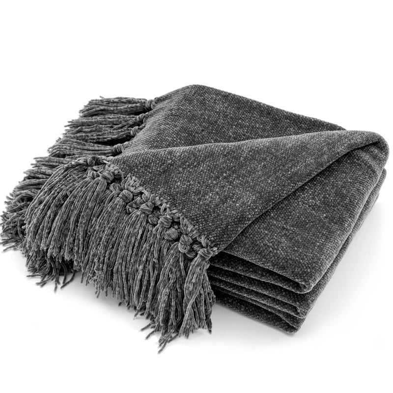 RECYCO Throw Blanket Soft Cozy Chenille Throw Blanket with Fringe Tassel for Couch Sofa Chair Bed Living Room Gift Dark Gray 50 x 60