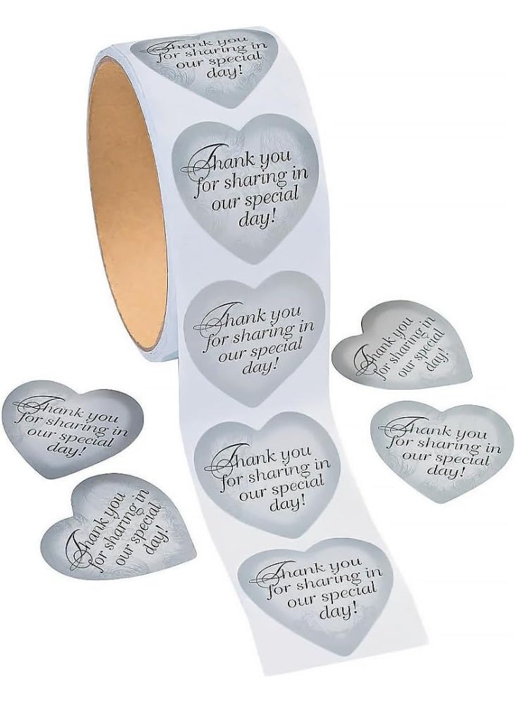 Fun Express Silver Heart Thank You for Sharing Our Special Day Wedding Stickers - 1 Roll of 100 Thank You and Favor Stickers - Image 1