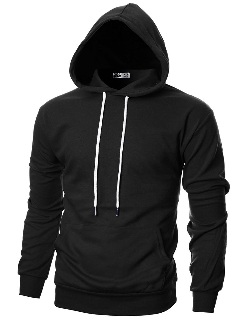 Ohoo Mens Slim Fit Basic Pullover Hoodies Sweatshirt Lightweight Long Sleeve with Kanga Pocket / DCF010-BLACK-M - Image 1